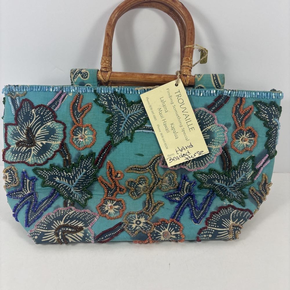 Trouvaille Hawaiian Floral Hand Beaded Purse Bamboo Handle Summer Clutch Bag